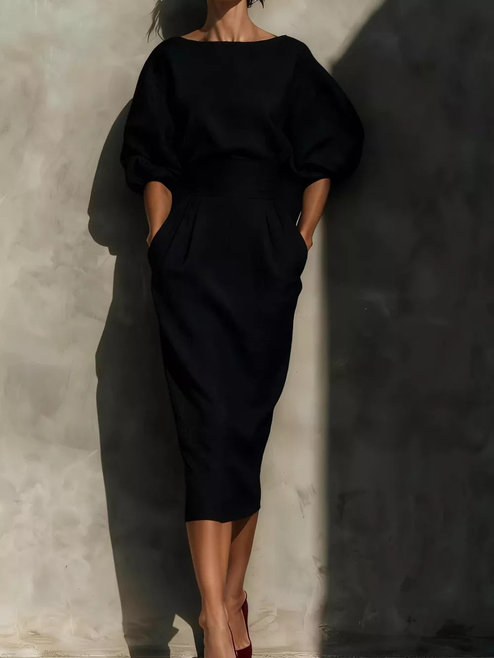 100% polyester Care instructions: Machine wash cold midi dress in Black with fitted silhouette