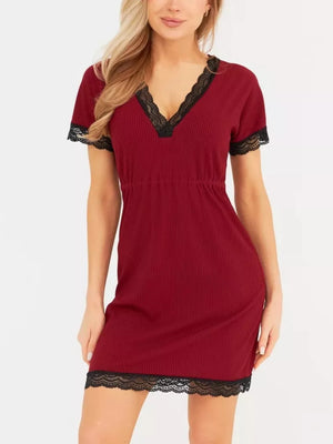 Apricot with Ribbed Lace-trim V-neck Mini Dress Plus Size
