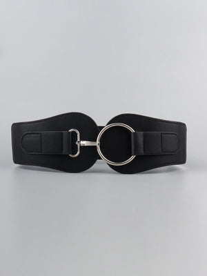 Black cincher belt with sculpted silver buckle and ring detail