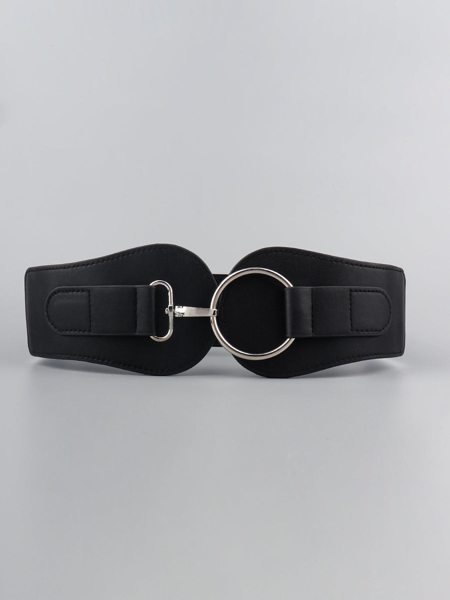 Black cincher belt with sculpted silver buckle and ring detail