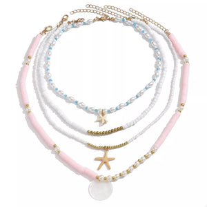 4 Piece Beaded Starfish Charm 18k Gold-plated Necklace in Ivory with 4-piece set