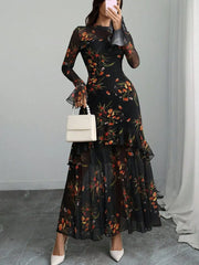 Black floral mermaid maxi dress with flounce sleeves and ruffled tiers