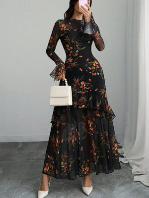 Black floral mermaid maxi dress with flounce sleeves and ruffled tiers