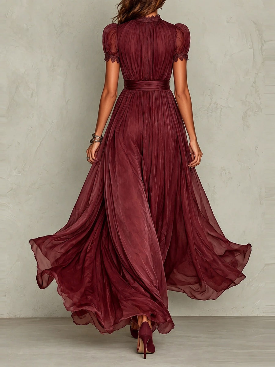 Elegant Sheer Chiffon Mock-Neck Maxi Dress in Black
