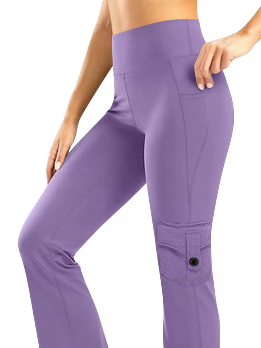 Purple high-waisted yoga pants with pockets and a flared silhouette.