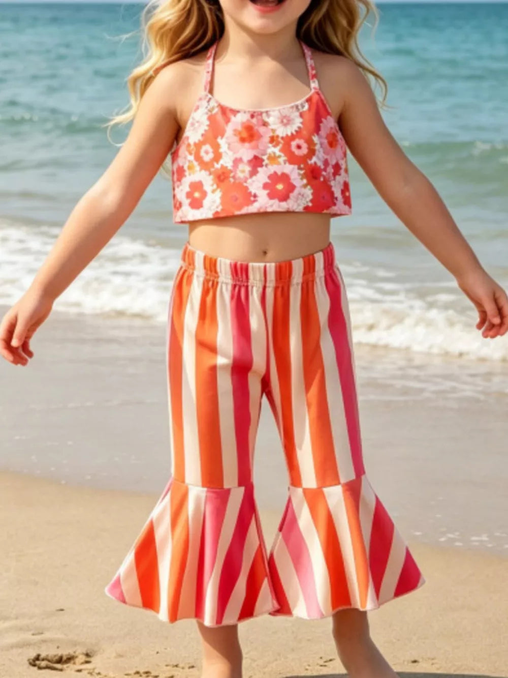 Orange Red Children's Floral Print Crop Top And Striped Pants Set
