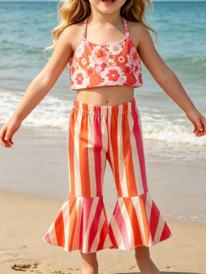 Orange Red Children's Floral Print Crop Top And Striped Pants Set