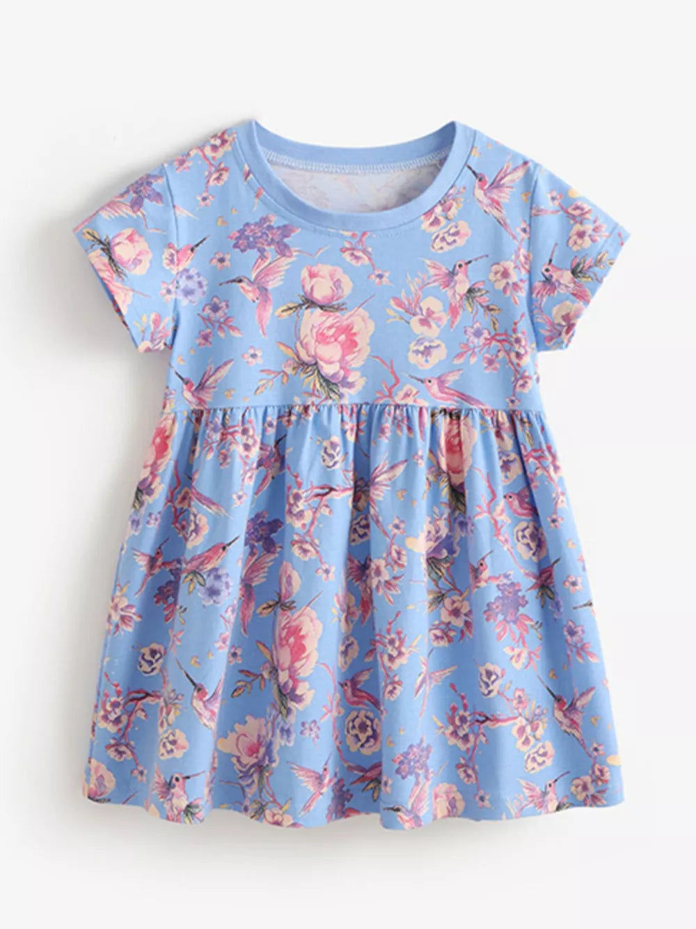 Baby dress with short sleeves, round neck, and floral hummingbird print on blue cotton blend.