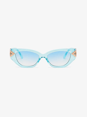 Mint blue cat-eye sunglasses with gold geometric accents and gradient lenses.