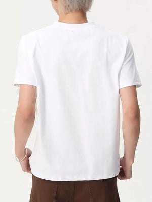 White cotton blend t-shirt with short sleeves and a crew neck, shown from the back.