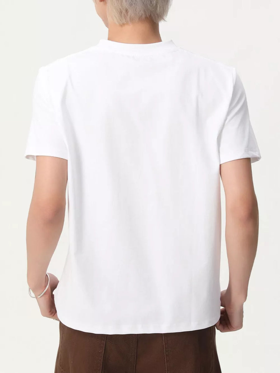 White cotton blend t-shirt with short sleeves and a crew neck, shown from the back.