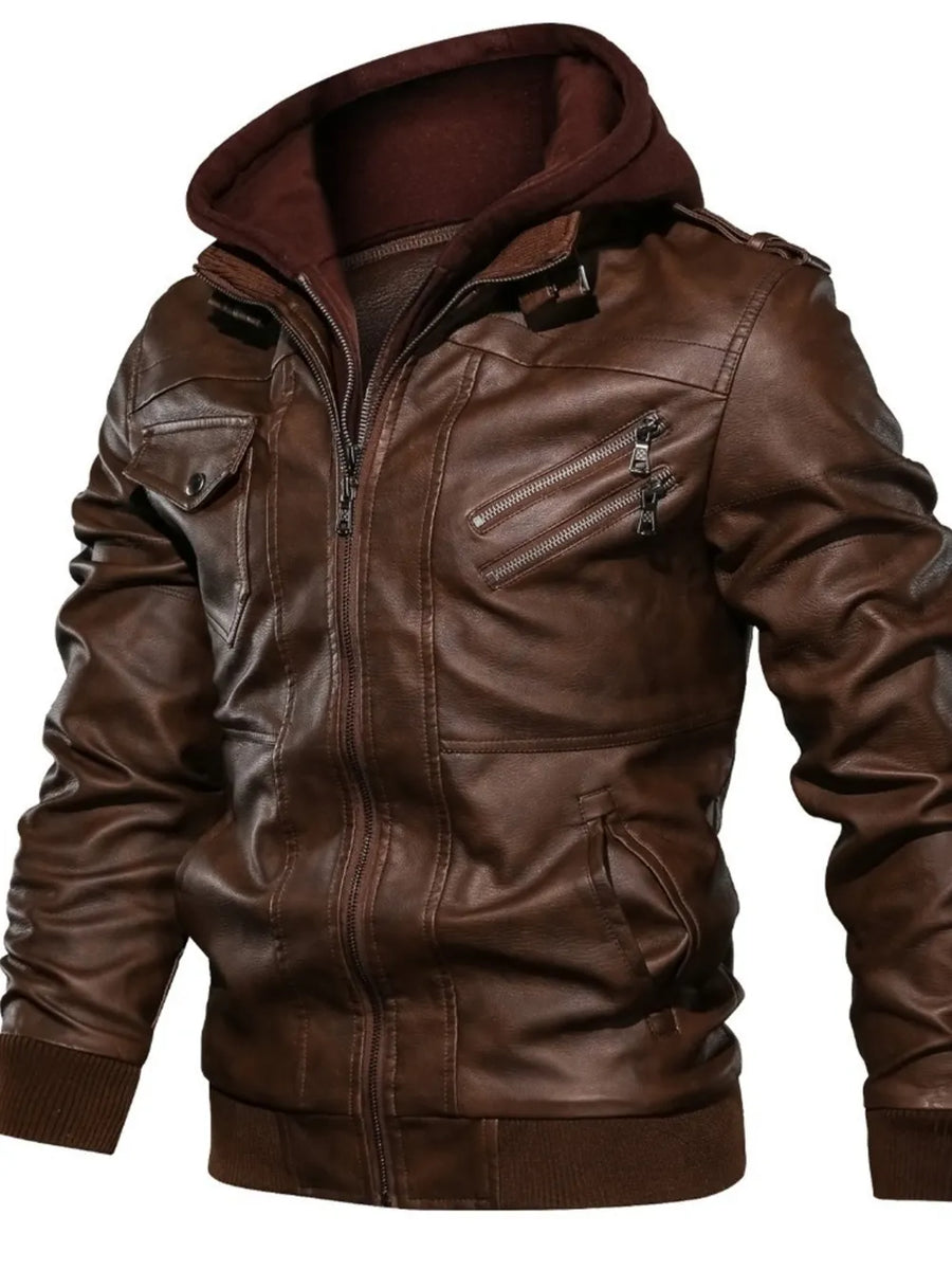 Black with Men's Full Size Hooded Faux Leather Motorcycle Jacket