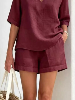 Rose Red Full Size Half Sleeve Top And Shorts Set