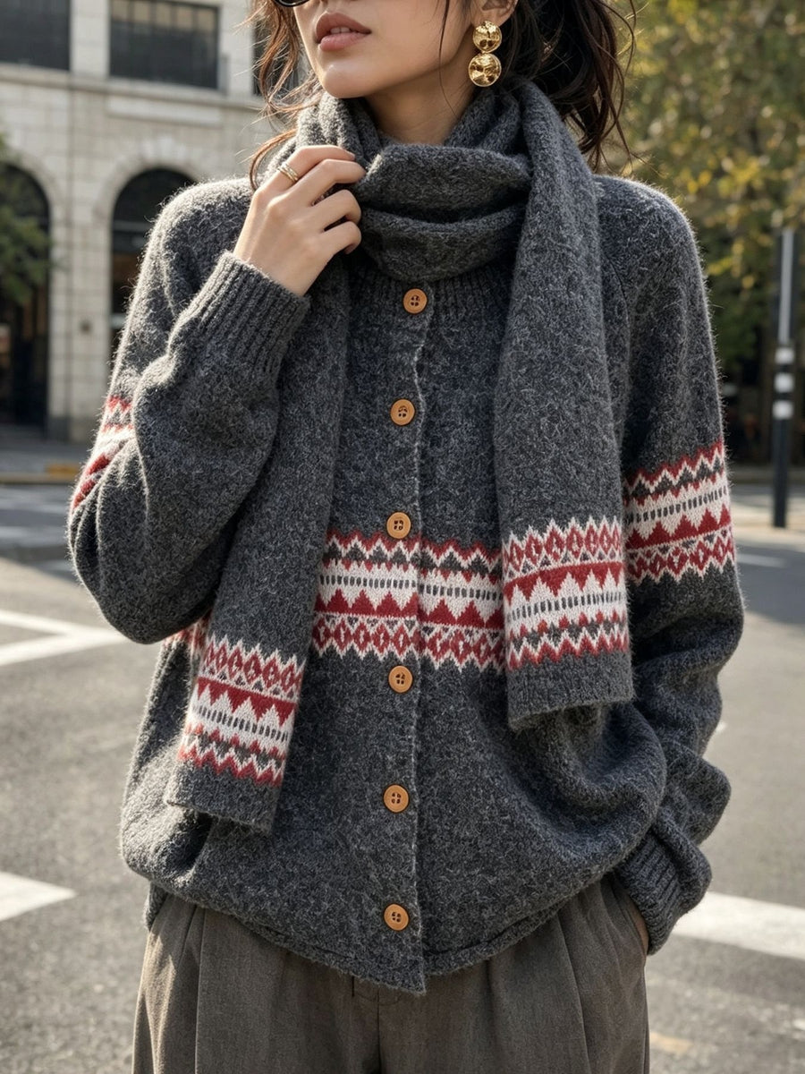Dark Gray cardigan featuring buttoned and geometric