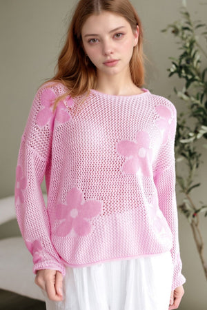Blush Pink openwork floral intarsia acrylic sweater