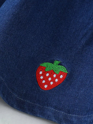 Blue denim baby skirt with embroidered strawberry detail
