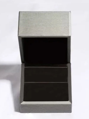 Open grey ring box with black interior