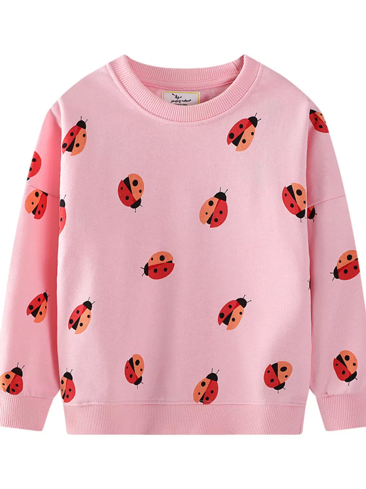 Baby girl's blush pink crew neck sweatshirt with allover ladybug print