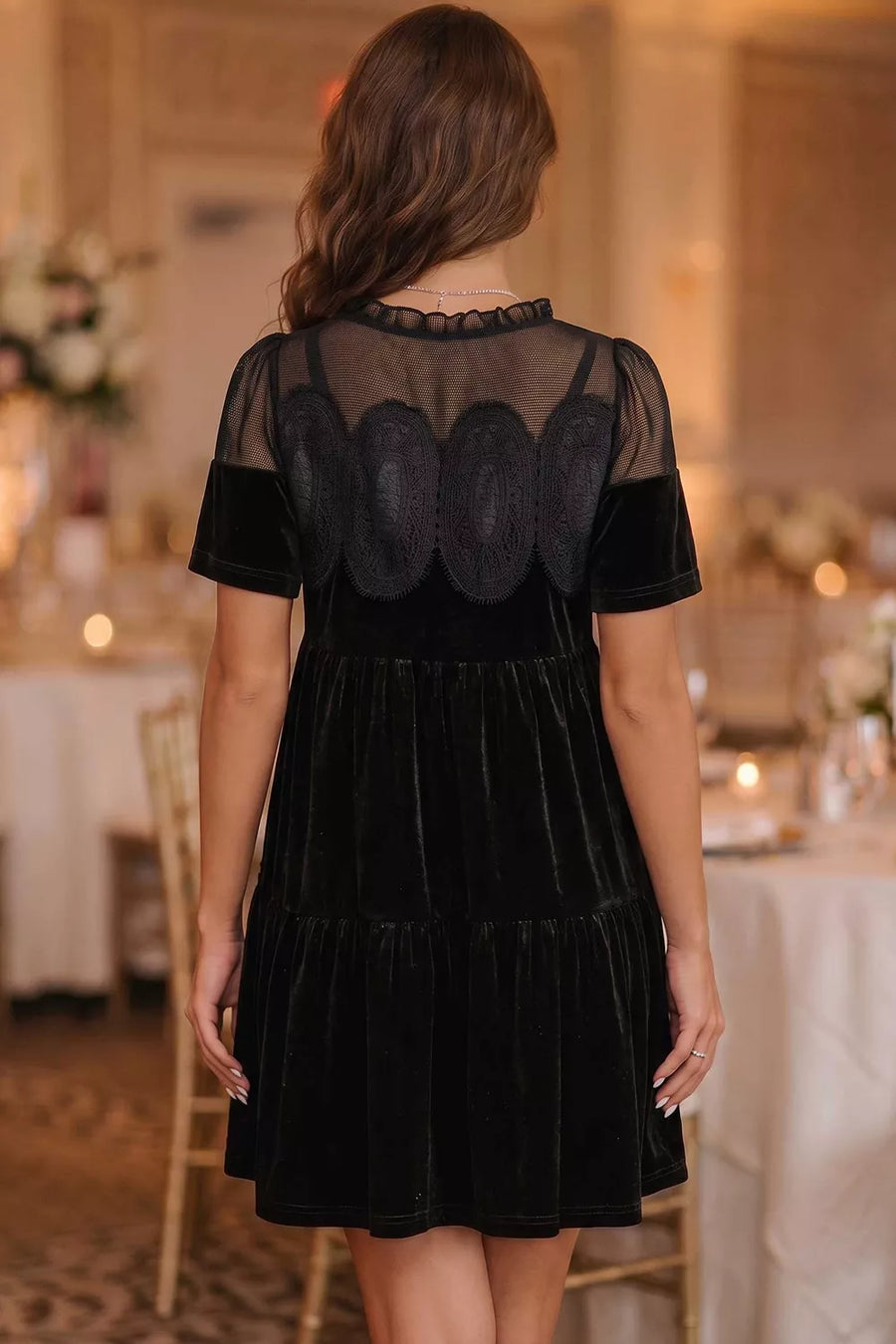Embroidered Velvet Short Sleeve Mini Dress in Black
