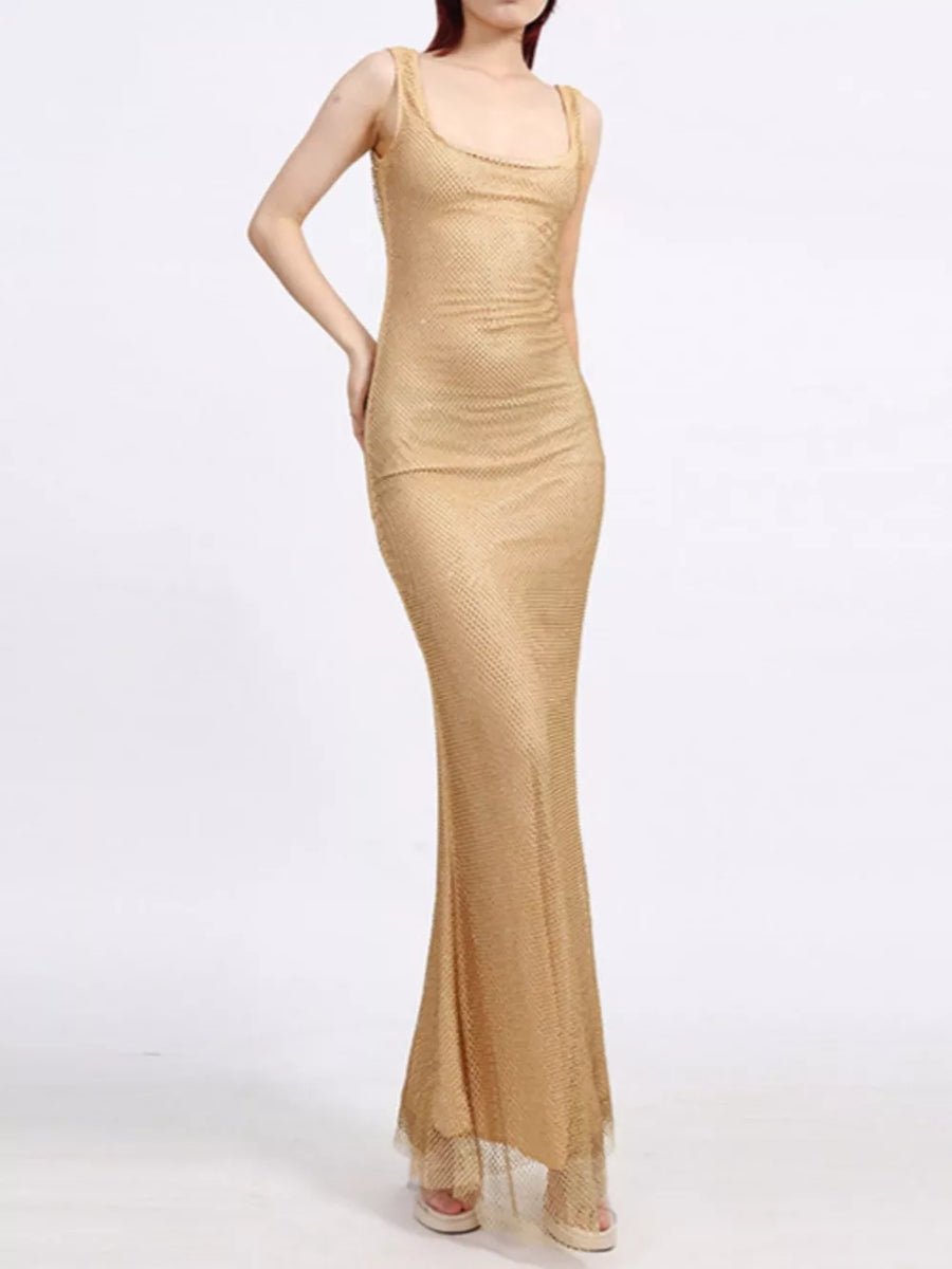 Gold metallic mesh maxi dress with scoop neck and sleeveless cut.