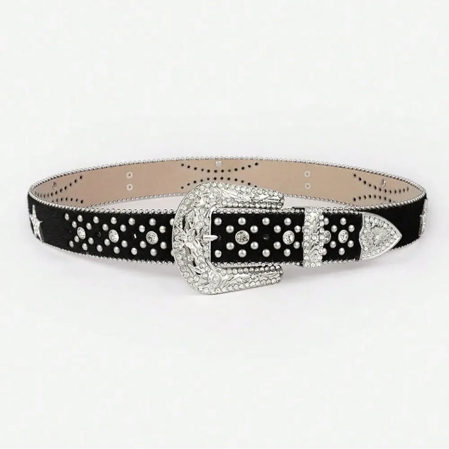 Black western belt with crystal embellishments and a silver buckle.