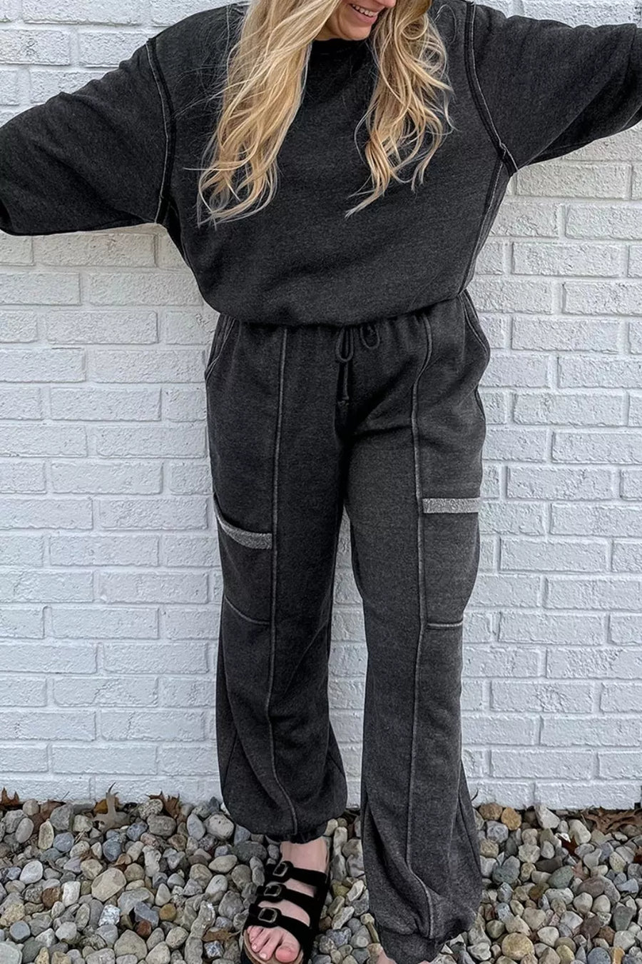 athleisure lounge set in charcoal with crew neck