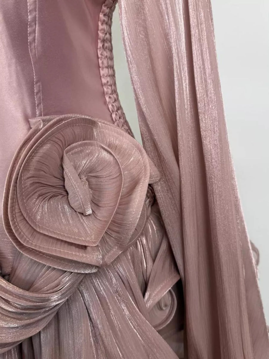 Pink ruffled mini dress with corset waist and ruched detail