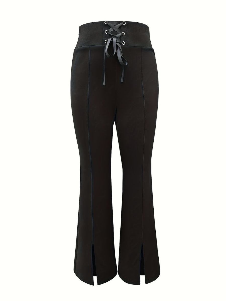 Black lace-up waist slit flare trousers with a bootcut leg and front seams.