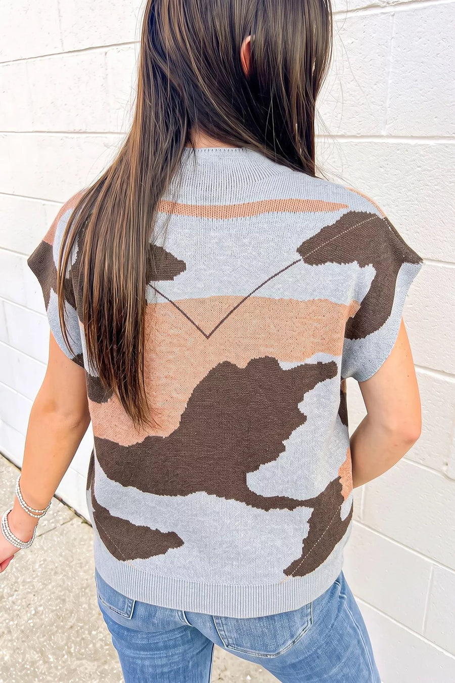 Camouflage Drop Shoulder High Neck Sweater in Gray