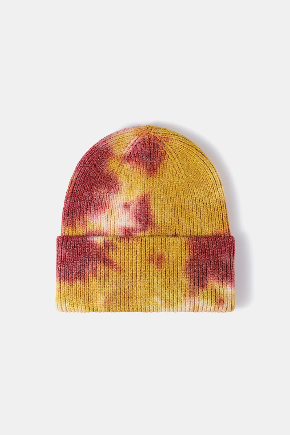 Ribbed knit beanie with yellow and pink tie-dye pattern