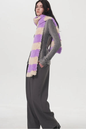 Plush hooded scarf with wide Vivid Violet and cream stripes, featuring a cozy texture.