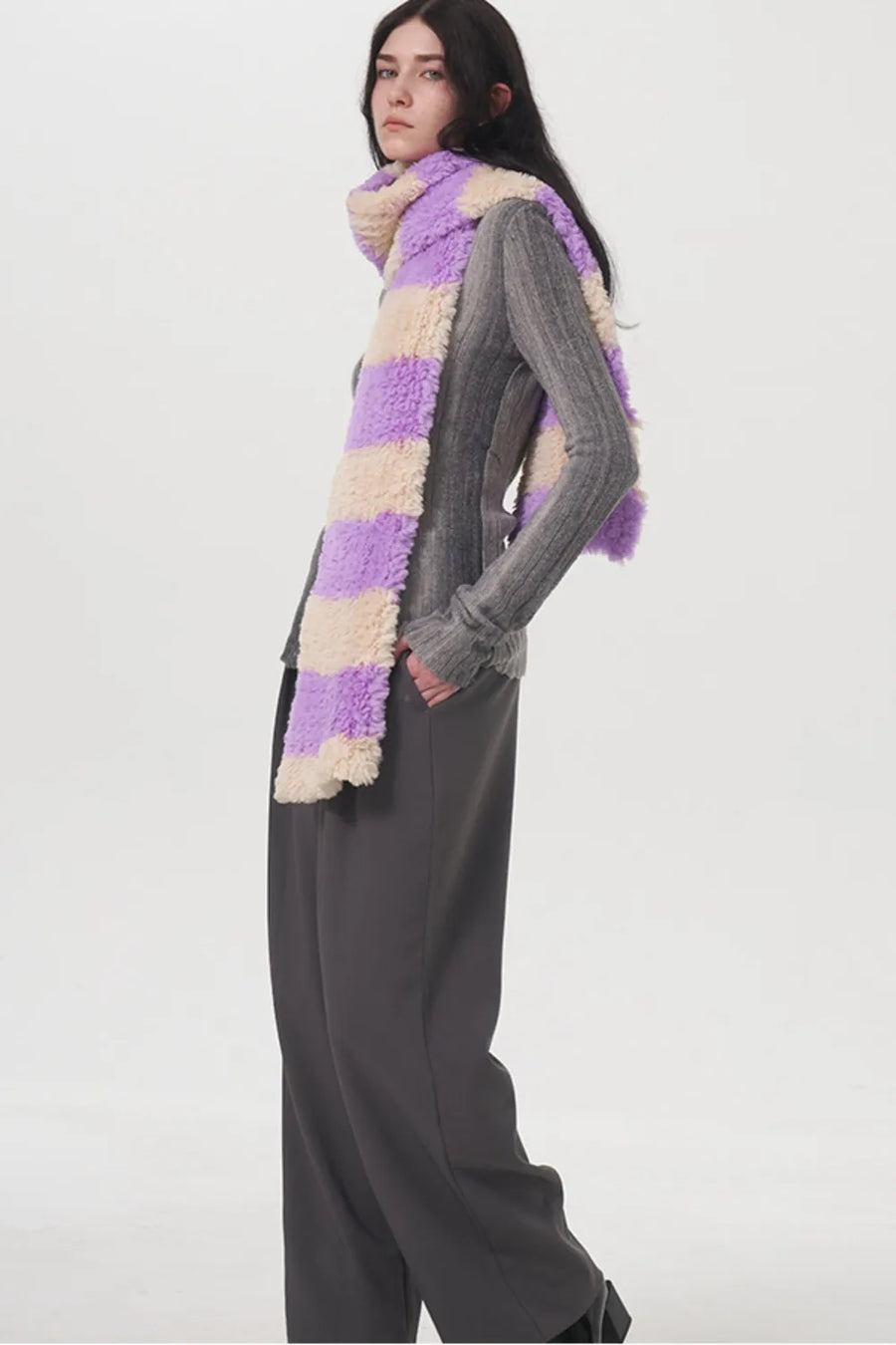Plush hooded scarf with wide Vivid Violet and cream stripes, featuring a cozy texture.