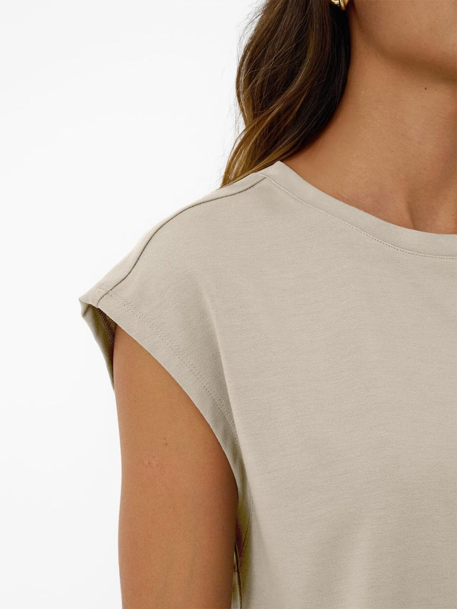 Khaki round neck cap sleeve loungewear top with clean seams.