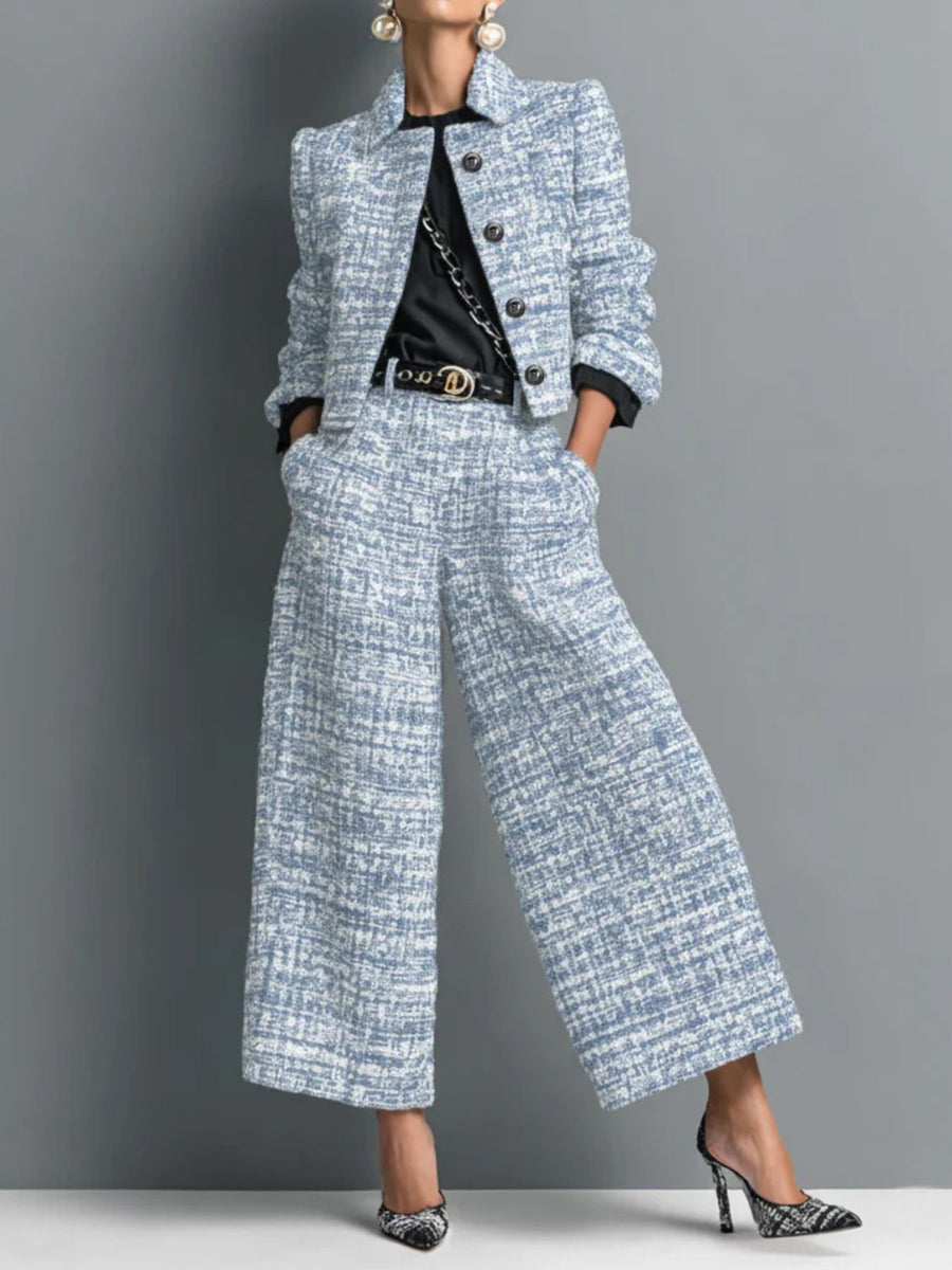 Light Blue jacket and pants set with cropped and button-front