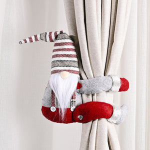 Plush gnome curtain tieback with red and white striped hat and red arms