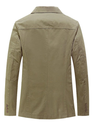 Men's khaki cotton casual blazer with button cuffs and flap details.