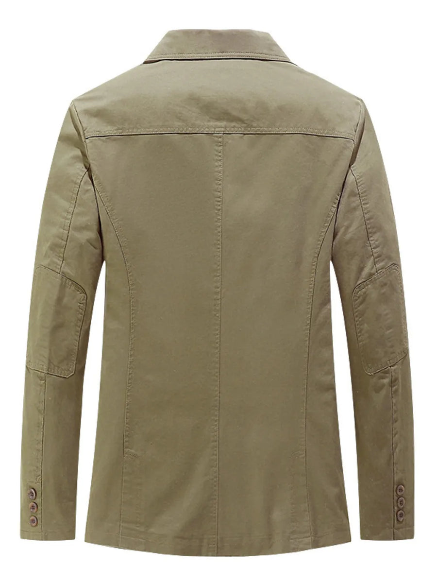 Men's khaki cotton casual blazer with button cuffs and flap details.