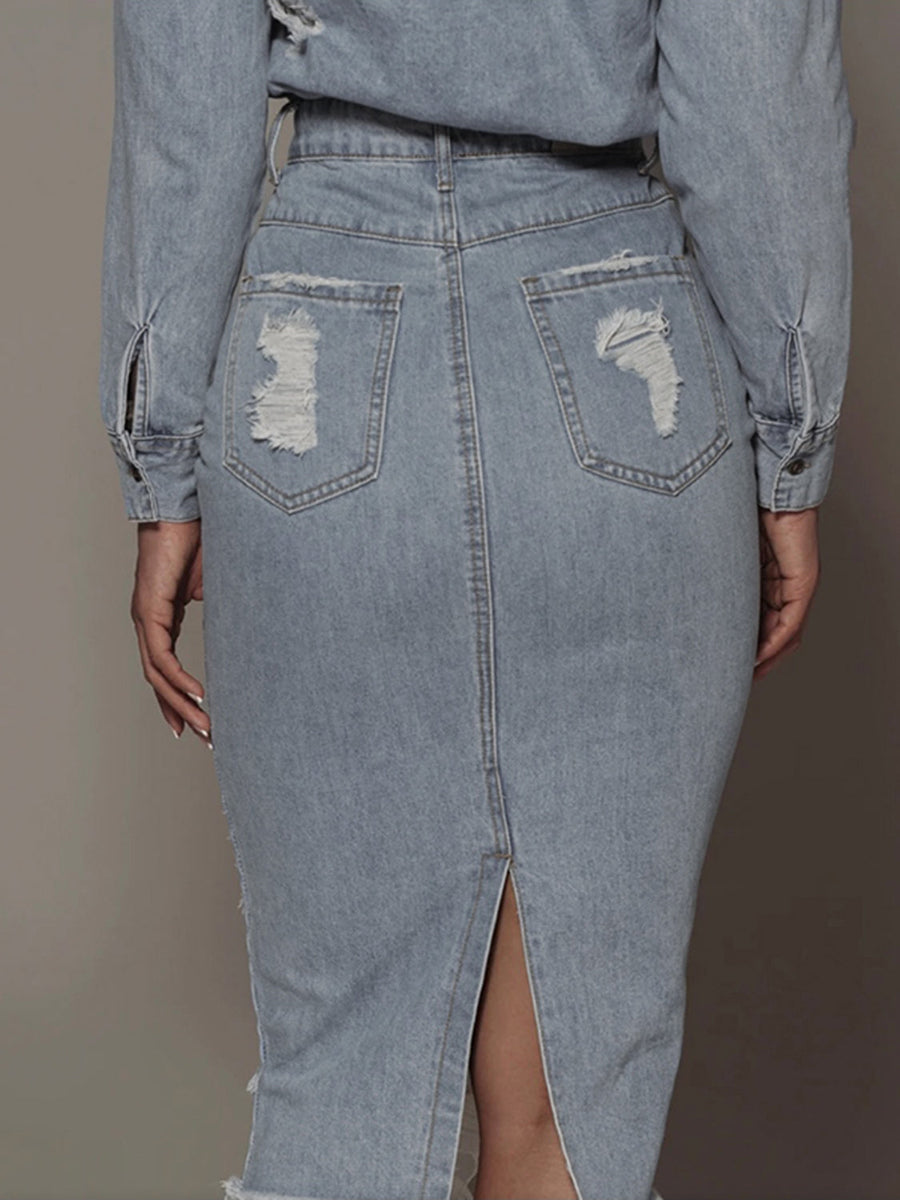 Light wash denim pencil skirt with distressed details and back pockets.