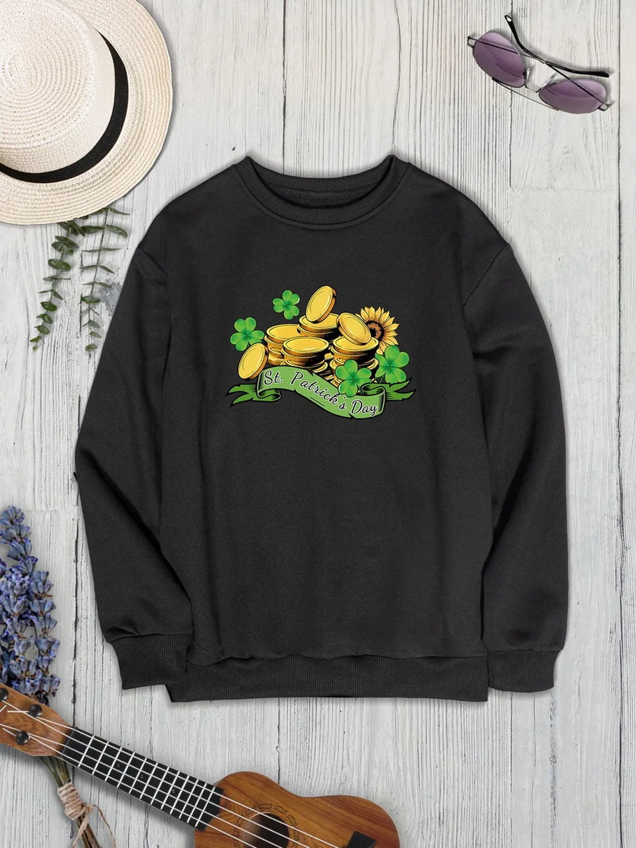 Black St. Patrick's Day graphic sweatshirt with gold coins, shamrocks, and a sunflower.