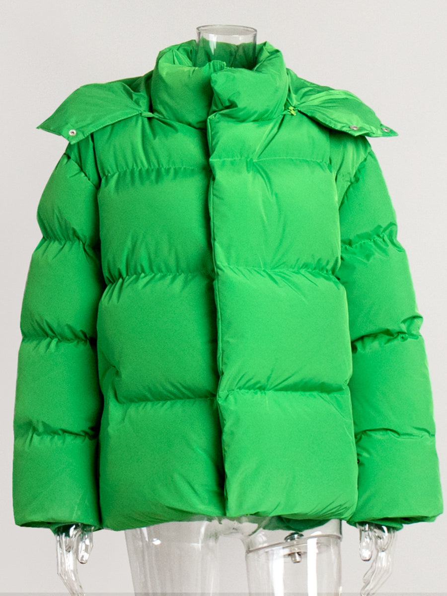 Green puffer jacket with high collar and long sleeves