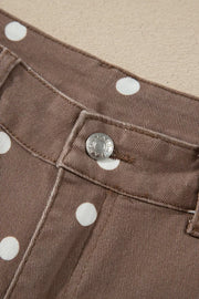 brown jeans featuring pocketed and polka dot