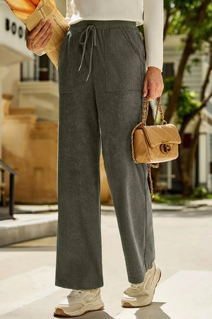 Army Green with Drawstring Corduroy Wide Leg Pants