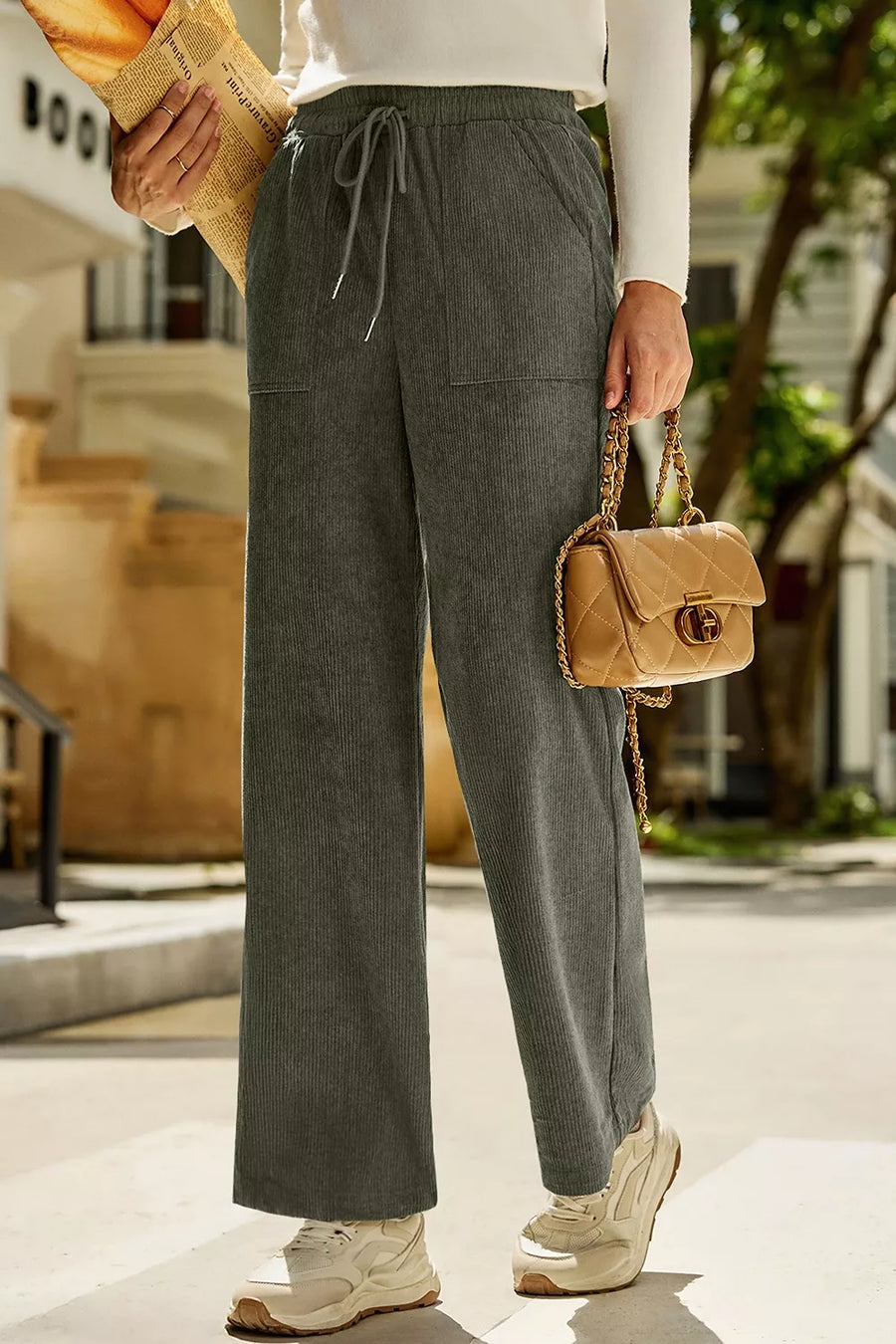 Army Green with Drawstring Corduroy Wide Leg Pants