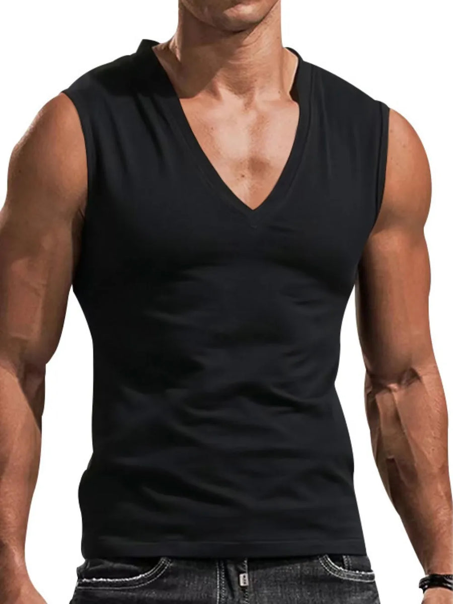 Black V-neck muscle tank top with a sculpted fit.