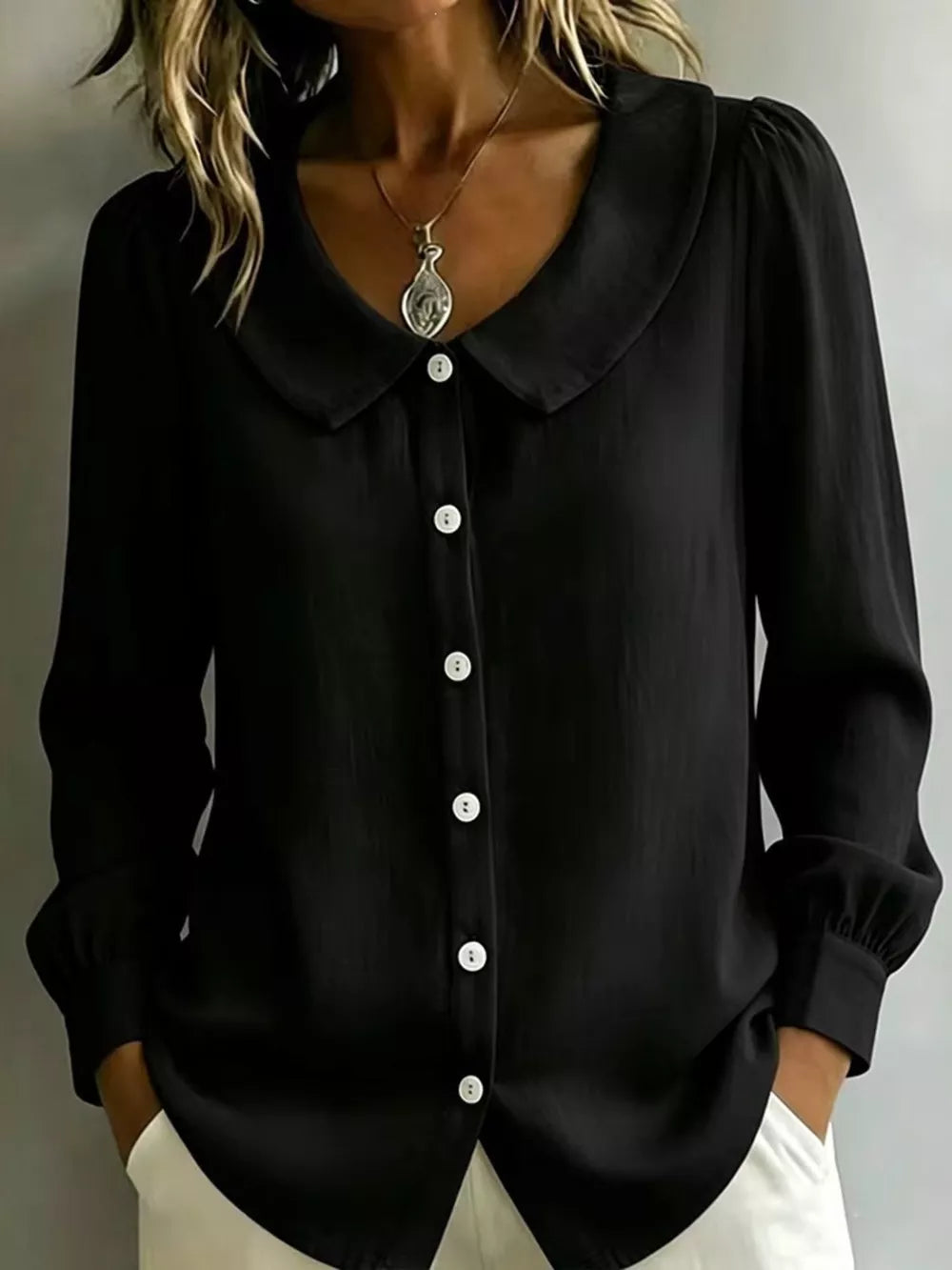 Blue button-down shirt with peter pan collar and long sleeve