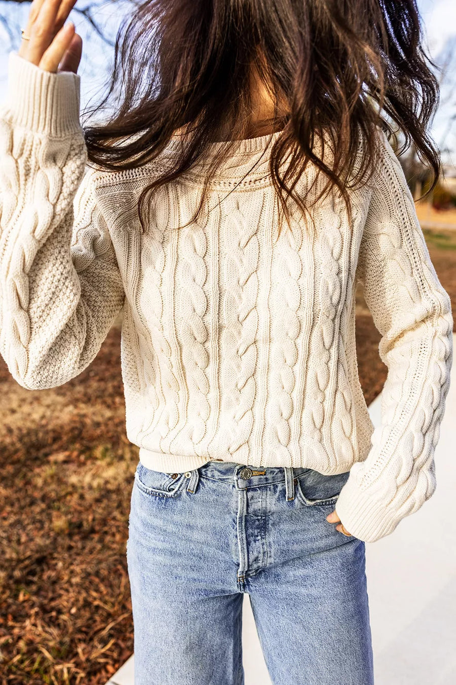 Drop Shoulder Round Neck Cable Knit Sweater option 8
