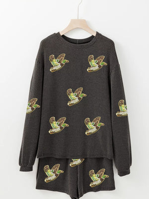 Dark gray ribbed loungewear set with all-over sequin duck patches