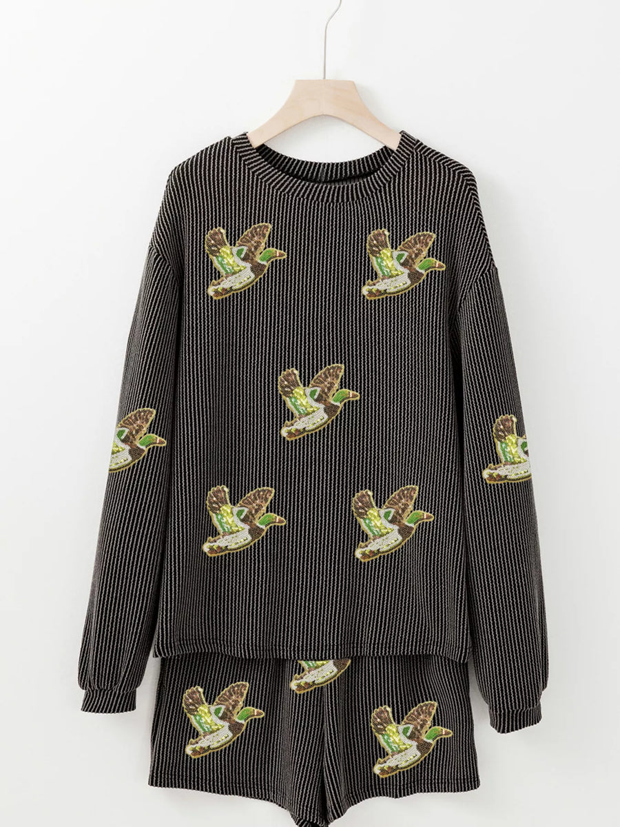 Dark gray ribbed loungewear set with all-over sequin duck patches
