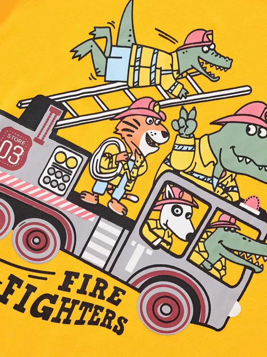 Yellow t-shirt with cartoon firefighters and fire truck graphic.