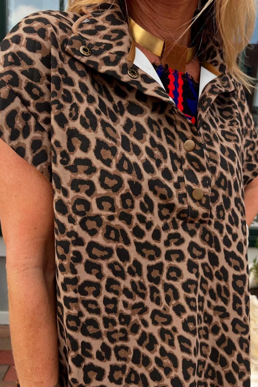 Brown leopard print short sleeve collared shirt with button placket